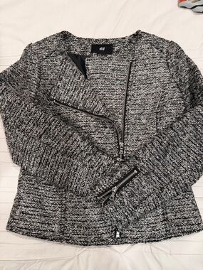 H&M Black & White Tweed-Textured Asymmetric Zip Jacket
